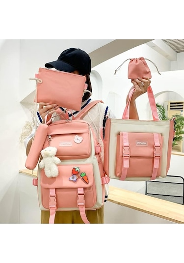 Aromee 5 Parça Set Kadın Laptop Sırt Çantası Tuval Okul Çantaları - Turuncu