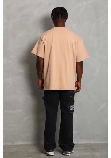 Unisex Oversize Düz Bisiklet Yaka T-shirt - Bej Bej