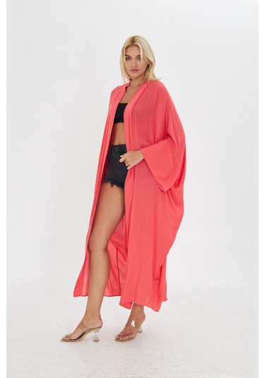Kutaf Nar Çiçeği Uzun Kimona/ Beachwear Narçiçeği