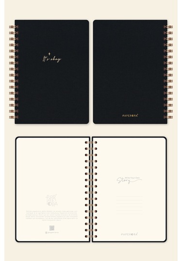 A5 Spiralli Sert Kapak Keten Çizgili Tarihsiz Not Defteri Siyah Siyah