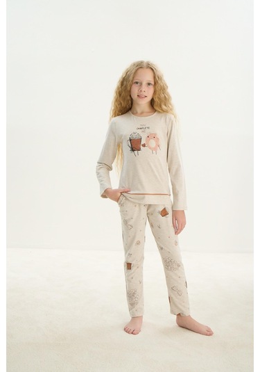 Sevim Kız Çocuk Uzun Kol Bej Melanj Pijama Takım C2t1n7o8 001
