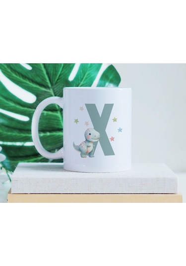 X Harfi Sevimli Dinozor Kupa Bardak - Açık Yeşil Yıldız Detaylı Dino Tasarım - Hediye Beyaz