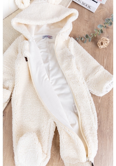 Kapüşonlu Kendinden Eldivenli Welsoft Kışlık Kız/erkek Bebek Tulum Krem