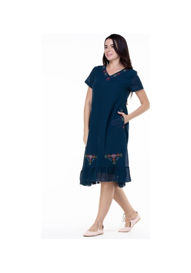 Kısa Kol Şile Bezi Mehtap Midi Boy Nakış Detaylı Elbise Petrol Ptrl-petrol Petrol