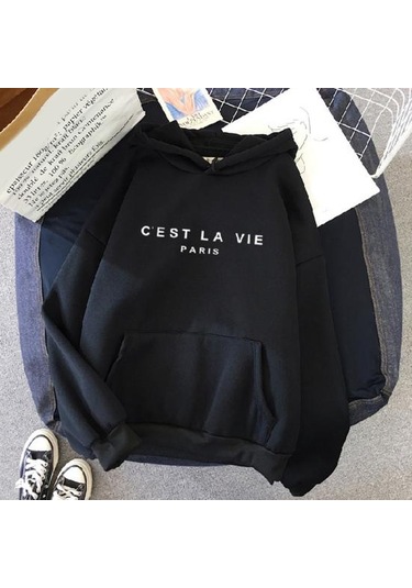 Yeşil Uzun Kollu Ön Cep İpli Polar Astar Svetşört Sonbahar Kış Mektup Baskılı Gevşek Kadın Kazak Streetwear Yeşil