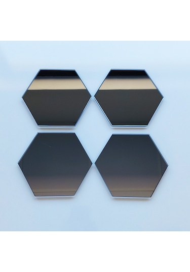 Decorita Ayna Bardak Altlığı - Altıgen Ayna Bardak Altlığı - Füme Ayna 4'lü Takım Füme