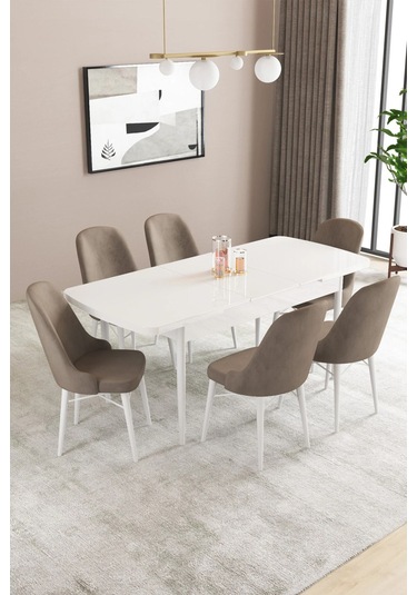 Sar Pakete Almira Serisi, Beyaz 80x132 Açılabilir Mdf Mutfak Masası Takımı 6 Adet Sandalye Cappucino Sar Pakete Almira Serisi, Beyaz 80x132 Açılabilir Mdf Mutfak Masası Takımı 6 Adet Sandalye Cappucino