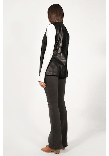 Dericlub Yb-2017 Gerçek Deri Kadın Yelek Siyah