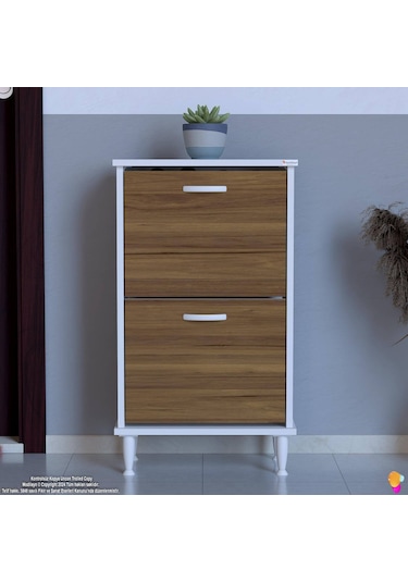 Modilayn Umay Kapı Önü 52 X 90 X 25, 5 Cm Lik 2 Düşer Kapak 4 Göz Bölmeli Ayakkabılık Beyaz - Ceviz