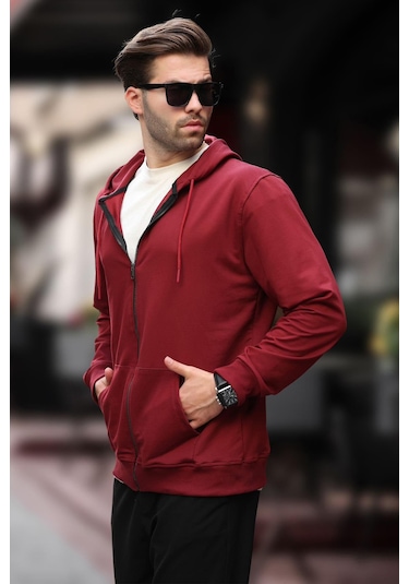 Madmext Bordo Kapüşonlu Fermuarlı Erkek Hırka 7070 Bordo