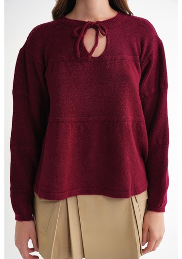 6950 Kadın Yakası Bağcıklı Pileli Triko Kazak Bordo Bordo