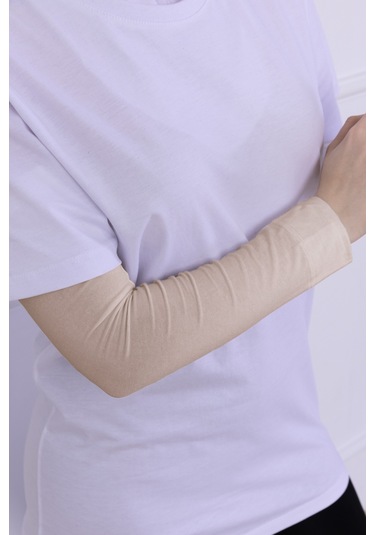 Likralı Penye Kolluk Açık Bej - Pratik Kadın Tesettür Düz Namaz Kolluğu 1 Çift 40cm Viskon Hijab Açık Bej