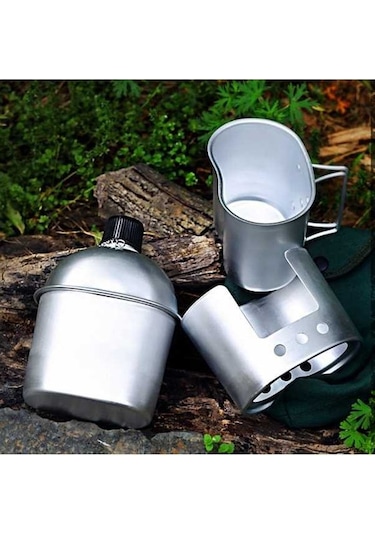 Pazly Kamp Doğa Maceraları İçin Alüminyum Çelik Kettle, Bardak, Odun Fırını + Katlanır Çatal Kaşık Seti Gümüş Gümüş