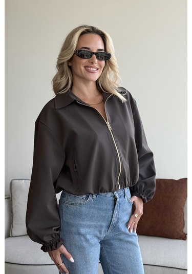 Koyu Kahverengi Crop Bomber Ceket Koyu Kahverengi