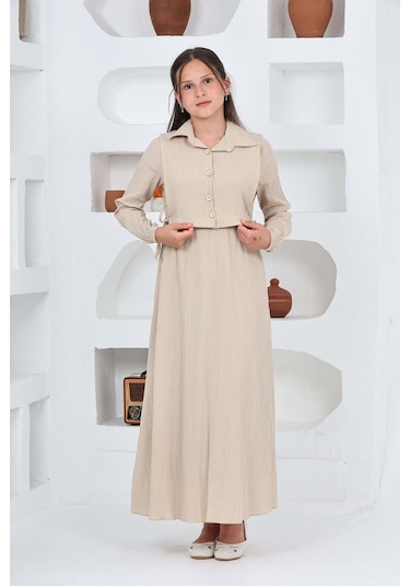 Kız Çocuk Uzun Boy Gofre Kumaş Jile & Elbise İki Parça Takım Astarlı Zarif Set-4948 Bej