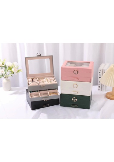 Dışı Deri İçi Kadife Kilitli Çekmeceli Takı Bijuteri Mücevher Kutusu Organizer Düzenleyici Gri İthal
