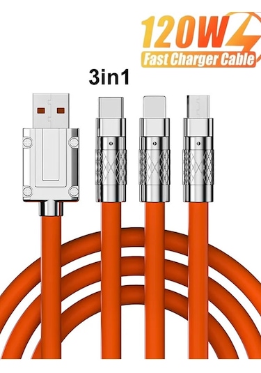 Realme Uyumlu Typce Usb Hızlı Şarj Çoklu Hızlı Şarj Kablosu 3in1 Turuncu 1