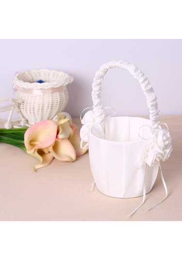 Suofeng Düğün İçin Beyaz Saten Çiçek Sepeti - Gelinik/gelin Çocuğu Taşınabilir Saçma Sepeti - 3 Saten Çiçekli Dekoratif Tasarım Ymhl-047