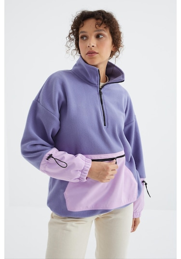 Tommy Life Açık Eflatun Etek Ucu Büzgülü Yarım Fermuarlı Oversize Kadın Polar Sweatshirt - 97238 Eflatun