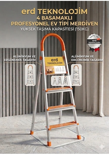 4 Basamaklı Profesyonel Ev Tipi Alüminyum Merdiven 150 Kg Taşıma Kapasitesi 4