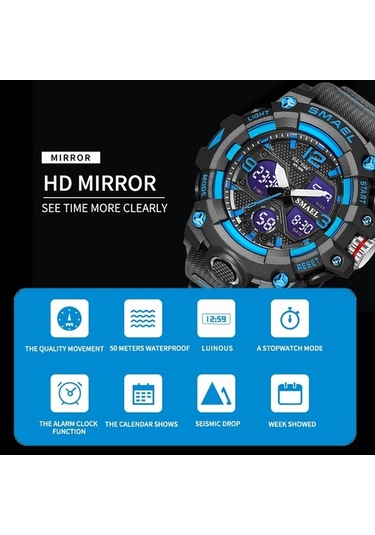 Novahub Smael 8008 Doğa Sporları Küçük Boyutlu Su Geçirmez Aydınlık Erkek Saati Siyah Mavi Çok Renkli Çok Renkli