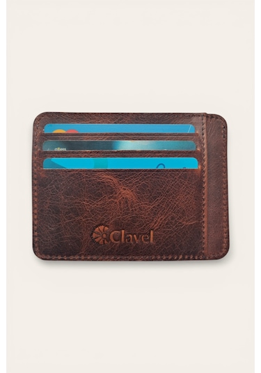 Clavel Hakiki Deri Slim Kartlık Kızıl Kahve