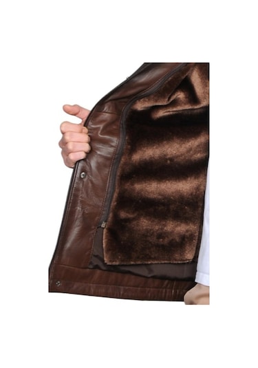 Derije Owen Hakiki Deri Erkek Kürklü Kestane Karartma Ceket-Mont-Kaban
