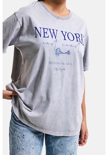 Itsbasic Kadın Antrasit S6-13 Oversize New York Baskılı T-shirt