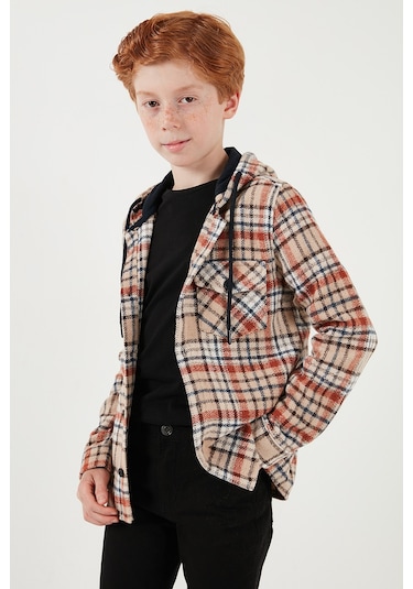 Lela Kapüşonlu Çift Cepli Ekoseli Kışlık Oduncu Erkek Çocuk Gömlek Cf24W81778 Bej-Taba