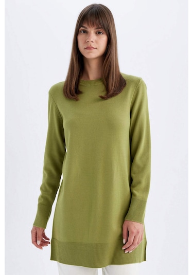 DeFacto Regular Fit Bisiklet Yaka Yırtmaçlı Basic Düz Triko Kazak Tunik H3431AZ24AUKH353 Haki