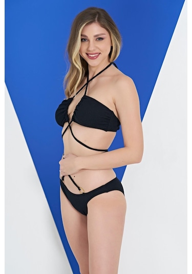 Ruko Maio 2315-1 Siyah Çapraz İp Modelli Boyundan Bağlamalı Bikini 001