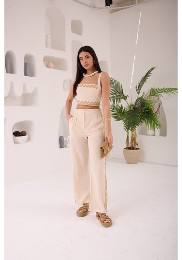 Zikzak Nakış Kalın Askılı Crop Bluz Pantolon 2li Takım Bej