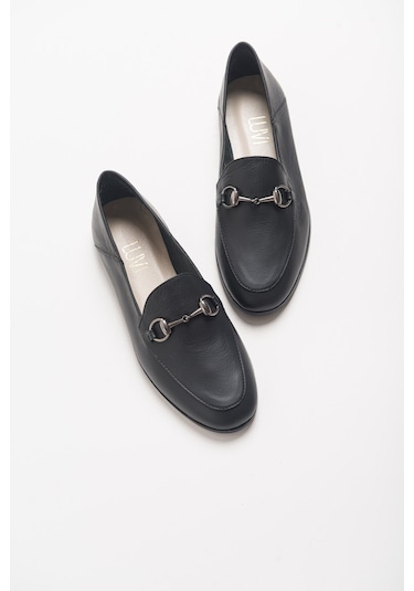 Luvishoes F03 Hakiki Deri Kadın Loafer Ayakkabı Siyah Cilt Siyah