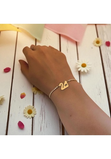 Archin O Harfine Özel 14 Ayar Altın Plakalı Beyaz Taş Detaylı Kuğu Kuşu Motifli Hediye Bileklik-601harf O