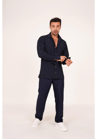Alaçatı Stili Erkek Krep Kumaş Çizgili Gömlek Ve Pantolon Takım Lacivert