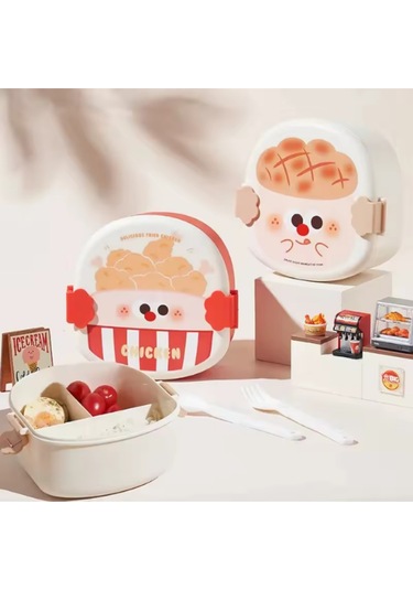 Kızarmış Tavuk Şeklinde Çocuklar İçin Taşınabilir Kapaklı Çatal Kaşık 3 Bölmeli Öğle Yemeği Kutusu Kırmızı