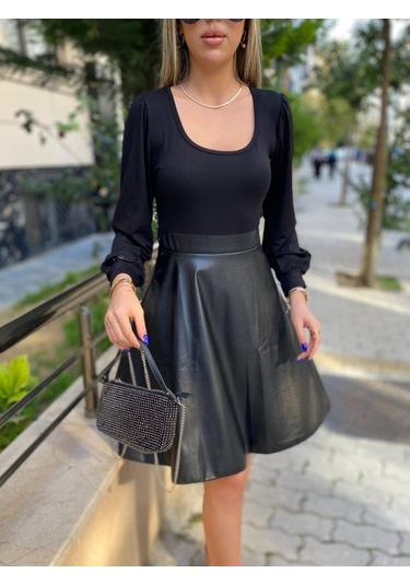 Stilaura Kadın Uzun Kollu Üst Viskon Alt Kloş Deri Elbise Siyah