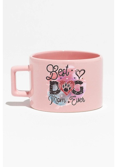 Best Dog Mom Ever No:3 Baskılı Anneler Günü Hediyelik Pembe Dikdörtgen Kulplu Fincan Kupa Bardak Pembe