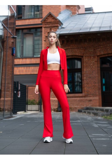 Kırmızı Yırtmaçlı İspanyol Paça Spor Tayt Kırmızı