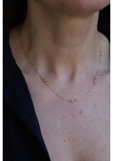 14 Ayar Altın Sıralı Kalp Ve Kurdeleli Kolye Sarı Altın