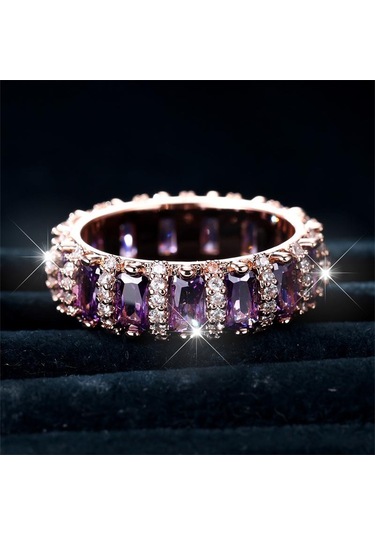 1 Adet Lüks Gül Altın Rengi Mor Zirkon Pençe Yüzükler Nişan Yüzükleri Düğün Band Sevgililer Günü Hediyesi 9 Rose Gold