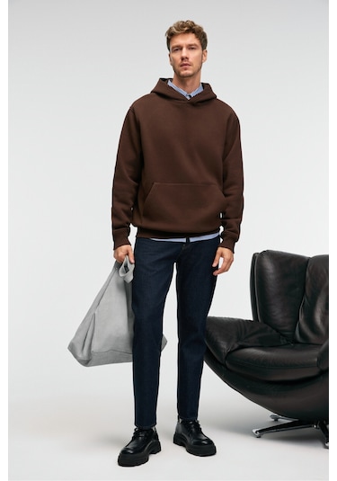 AMOS Erkek Yumuşak Kumaşlı 3 İplik Oversize Kapüşonlu Kanguru Cepli Acı Kahve Sweatshirt