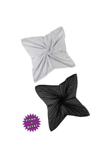 2 Adet İç Başörtüsü %100 Pamuklu Siyah Beyaz Tülbent - Kenarları Oyalı 90x90 Kadın Tesettür Siyah - Beyaz