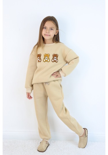 Kız Çocuk 3'lü Ayıcık Nakışlı 3 İplik Oversize Şardonlu Takım Ekru