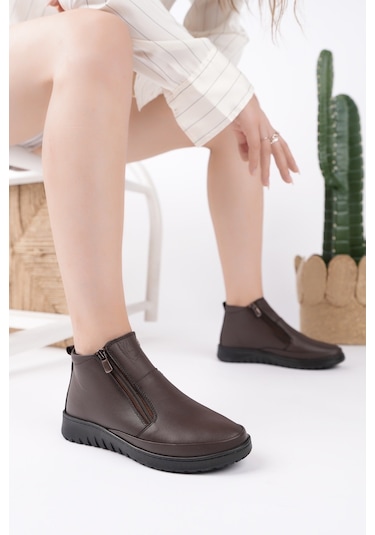 Muggo Feniks Hakiki Deri Çift Fermuarlı Kadın Bot Kahverengi