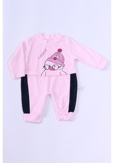 Hçm Bebek Kadife Tulum Uzun Kollu Çıtçıtlı Baskılı D5 Toz Pembe