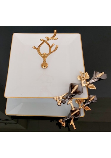 Atabey Home Kare Kurabiyelik/sunumluk Siyah Lale Ayaklı 2 Katlı Kütahya Porselen