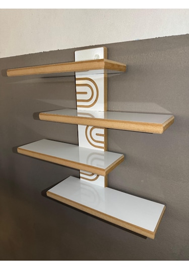 Asimetrik Bohem Ahşap Dekoratif Duvar Rafı 4 Raflı Beyaz