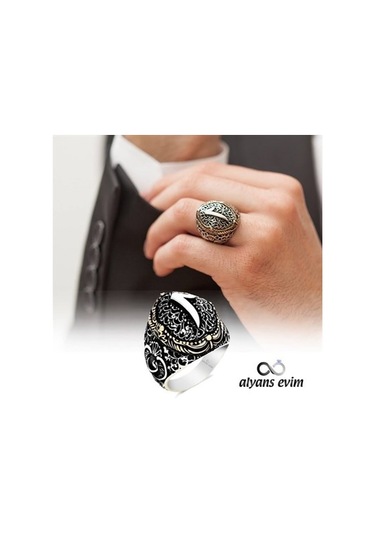 Gümüş Kenarları Vav Üst Elif Harfli Erkek Yüzük