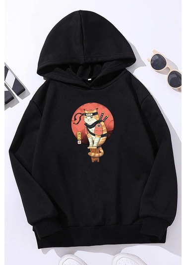 Çocuk Shinobi Kedi Baskılı Sweatshirt Siyah